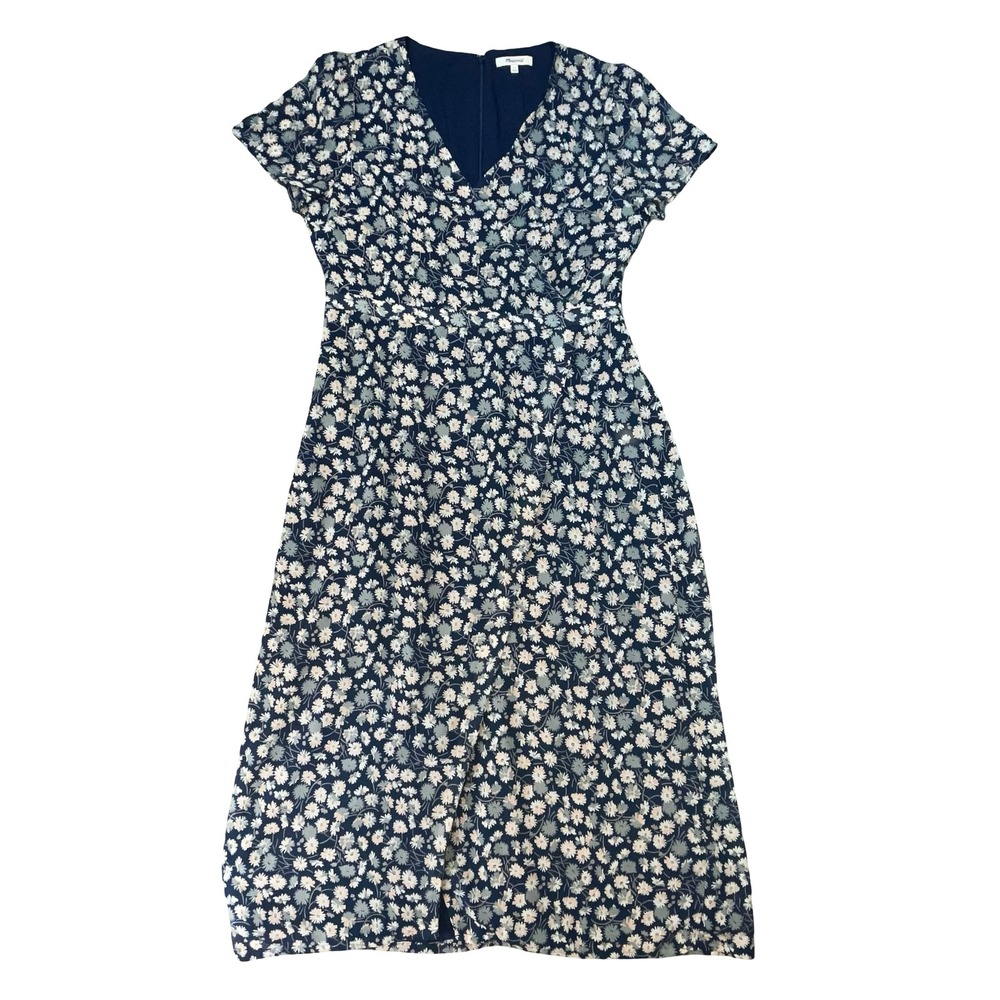 Madewell Womens Midi Dress Navy Blue Floral Daisy Faux Wrap Boho Casual 12 - Picture 1 of 6